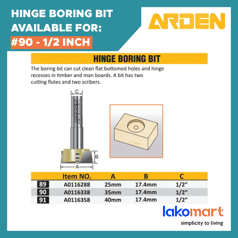 ARDEN (#90) - 1/2 inch shank - Hinge Boring Bit