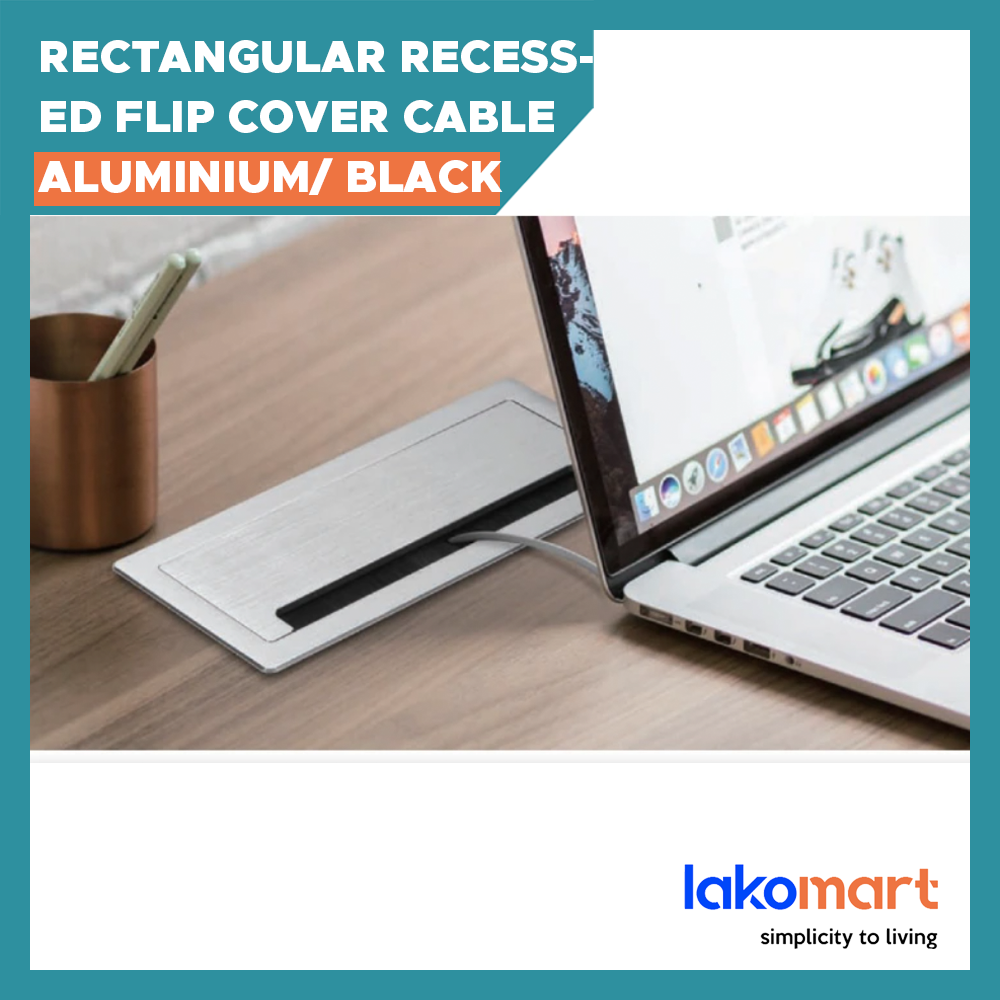 Aluminium/ Black Rectangular Recessed Flip-Cover Cable Cubby with Power Socket - Management Organiser Box Tabletop Power Socket Office Meeting Conference Room Hotel Desk Table Grommet (285 X 108 X 110mm)