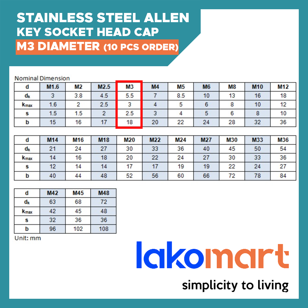 M3 Diameter Stainless Steel Allen Key Socket Head Cap Screw Bolt (10pc ...
