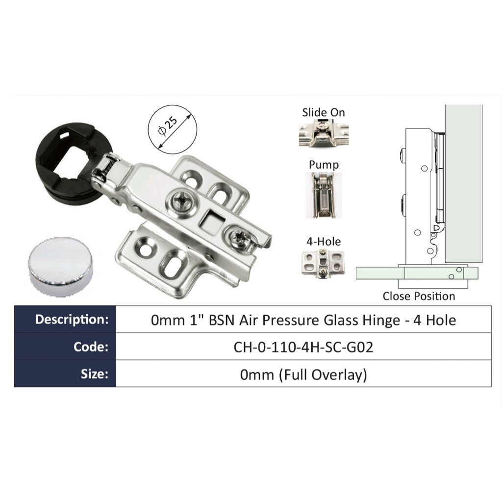 Full Overlay Cabinet Hinge Soft Close with Screws (For Glass Door Dia 25mm/35mm)